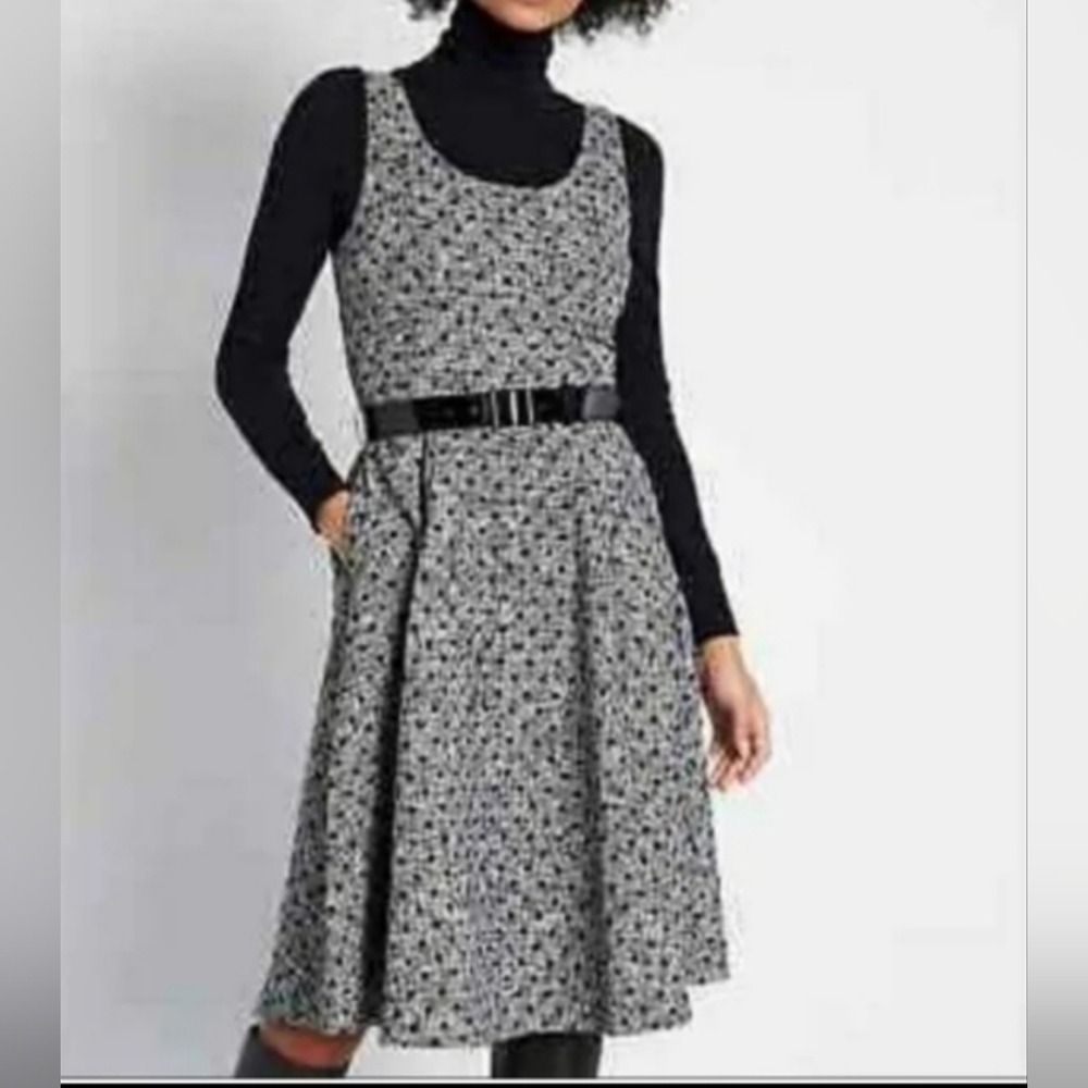 ModCloth Size 4 Retro Prep 50s Gray Tweed Black Polka Dot Jumper Midi Dress NWT